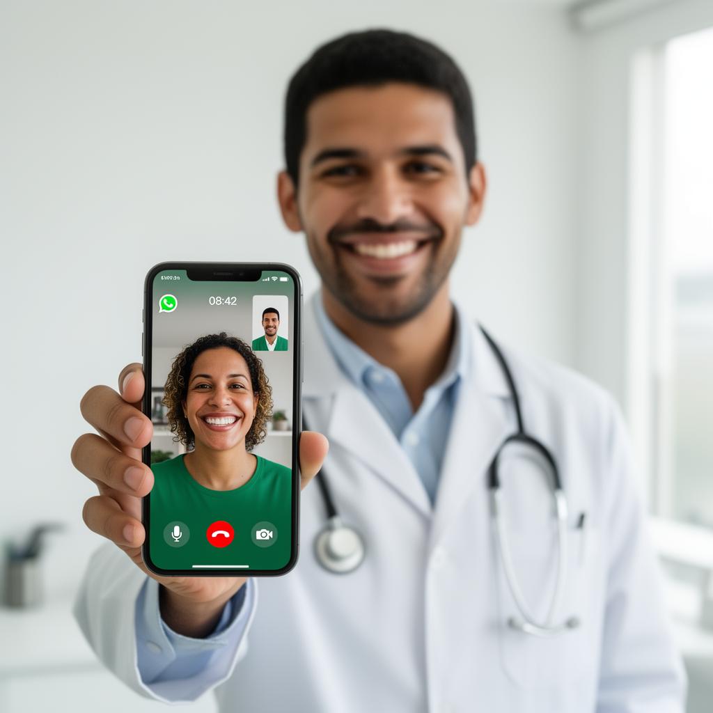 Médica clínica geral em chamada de teleconsulta pelo celular